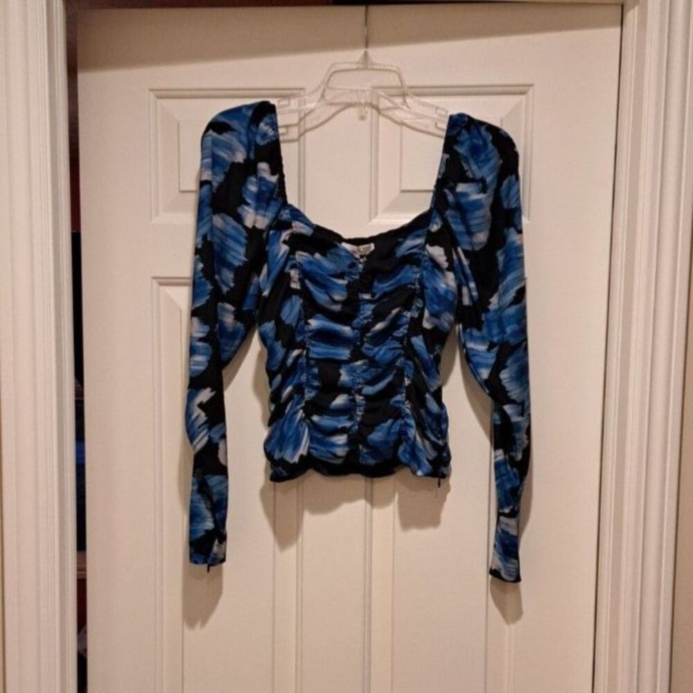 New Parker Raine Ruched Blue/Black Paint Spatter Long Sleeve Top Size Small